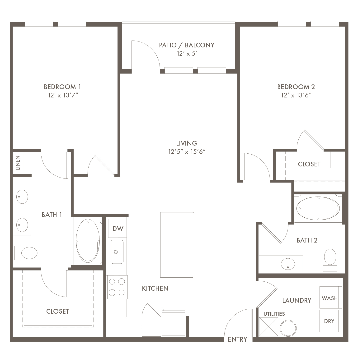 A B1 unit with 2 Bedrooms and 2 Bathrooms with area of 1,164 sq. ft