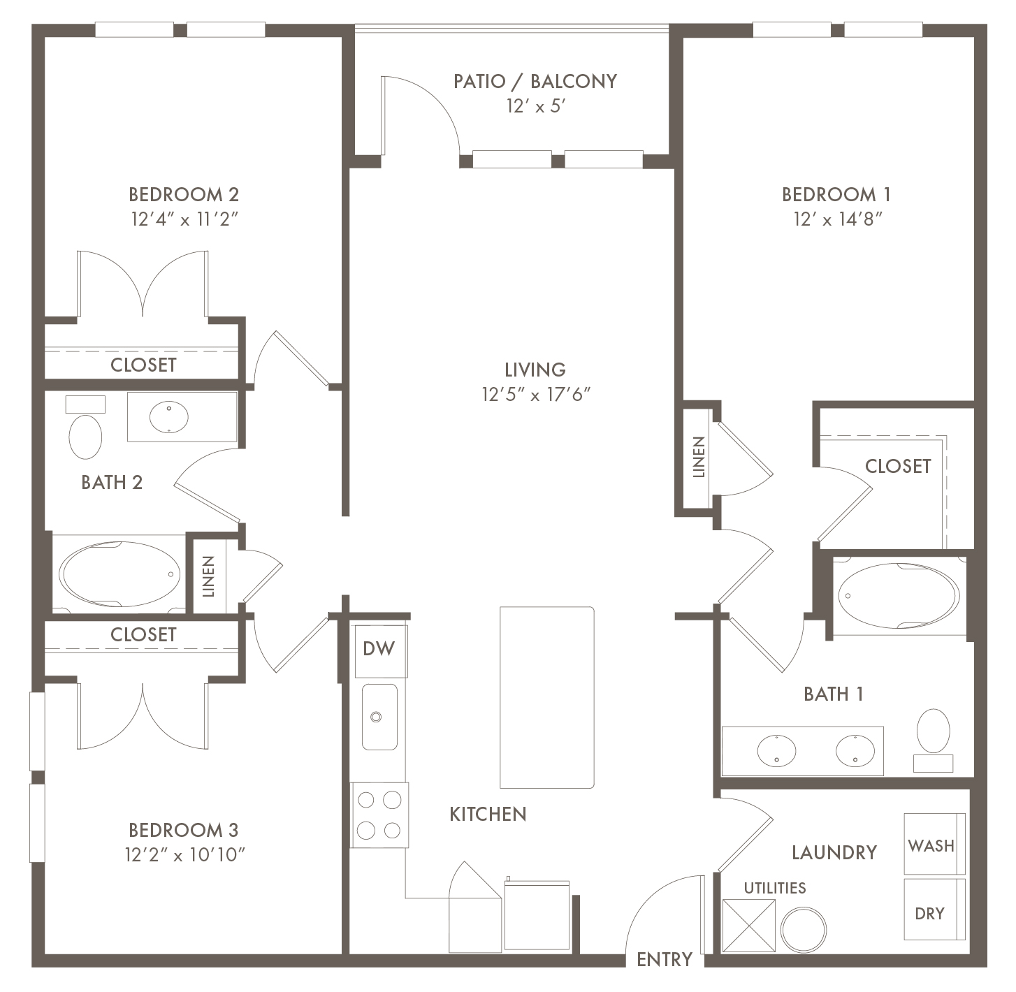 A C1 unit with 3 Bedrooms and 2 Bathrooms with area of 1,248 sq. ft